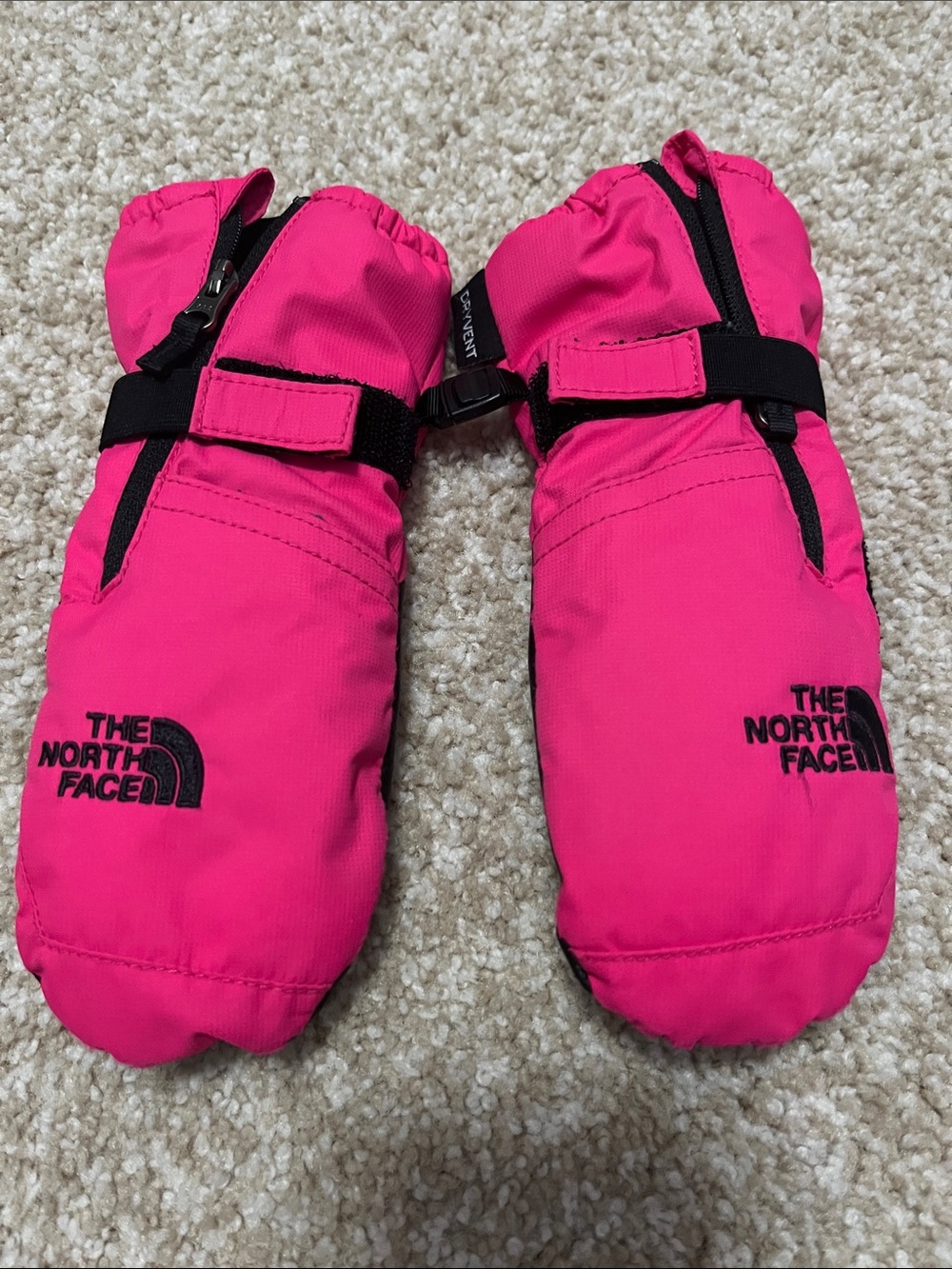 The North Face Bright Pink Kids Ski Mittens with Wrist Strap